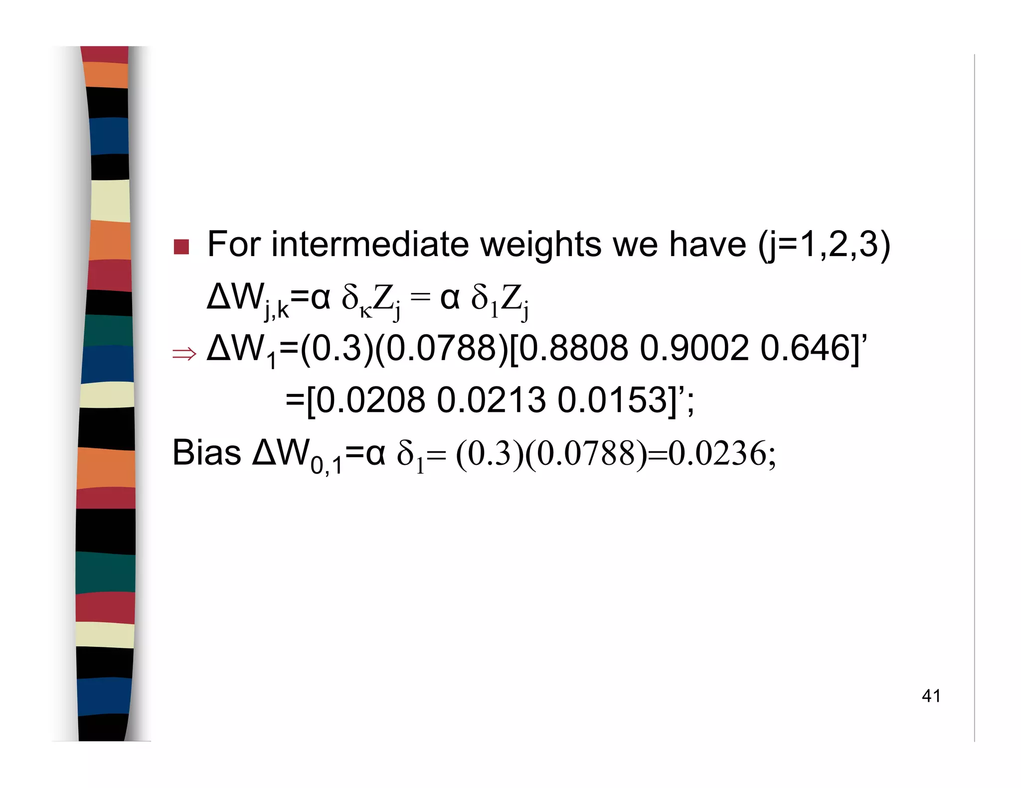 41
For intermediate weights we have (j=1,2,3)
∆Wj,k=α δκΖj = α δ1Ζj
⇒ ∆W1=(0.3)(0.0788)[0.8808 0.9002 0.646]’
=[0.0208 0.0213 0.0153]’;
Bias ∆W0,1=α δ1= (0.3)(0.0788)=0.0236;
 