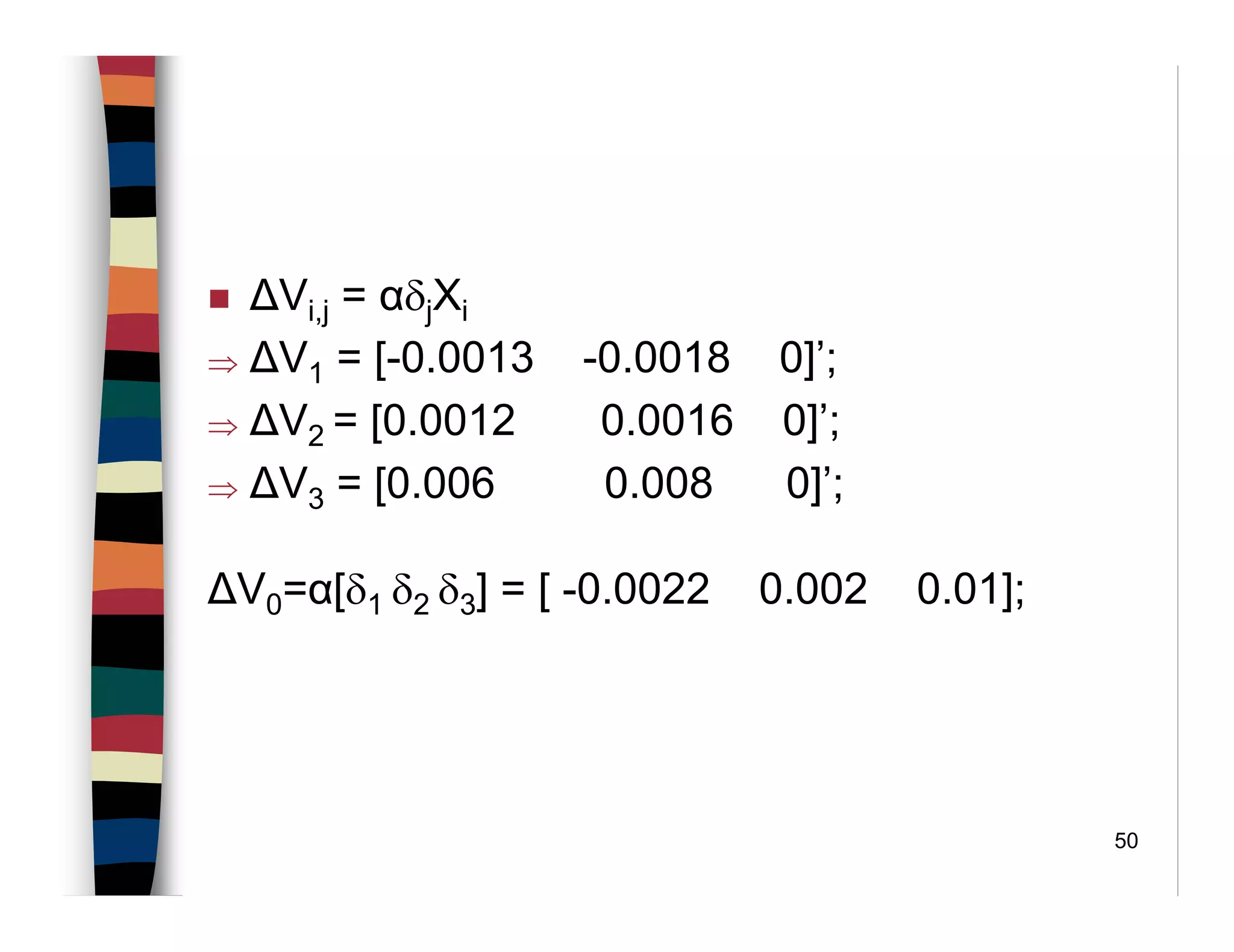 50
∆Vi,j = αδjXi
⇒ ∆V1 = [-0.0013 -0.0018 0]’;
⇒ ∆V2 = [0.0012 0.0016 0]’;
⇒ ∆V3 = [0.006 0.008 0]’;
∆V0=α[δ1 δ2 δ3] = [ -0.0022 0.002 0.01];
 