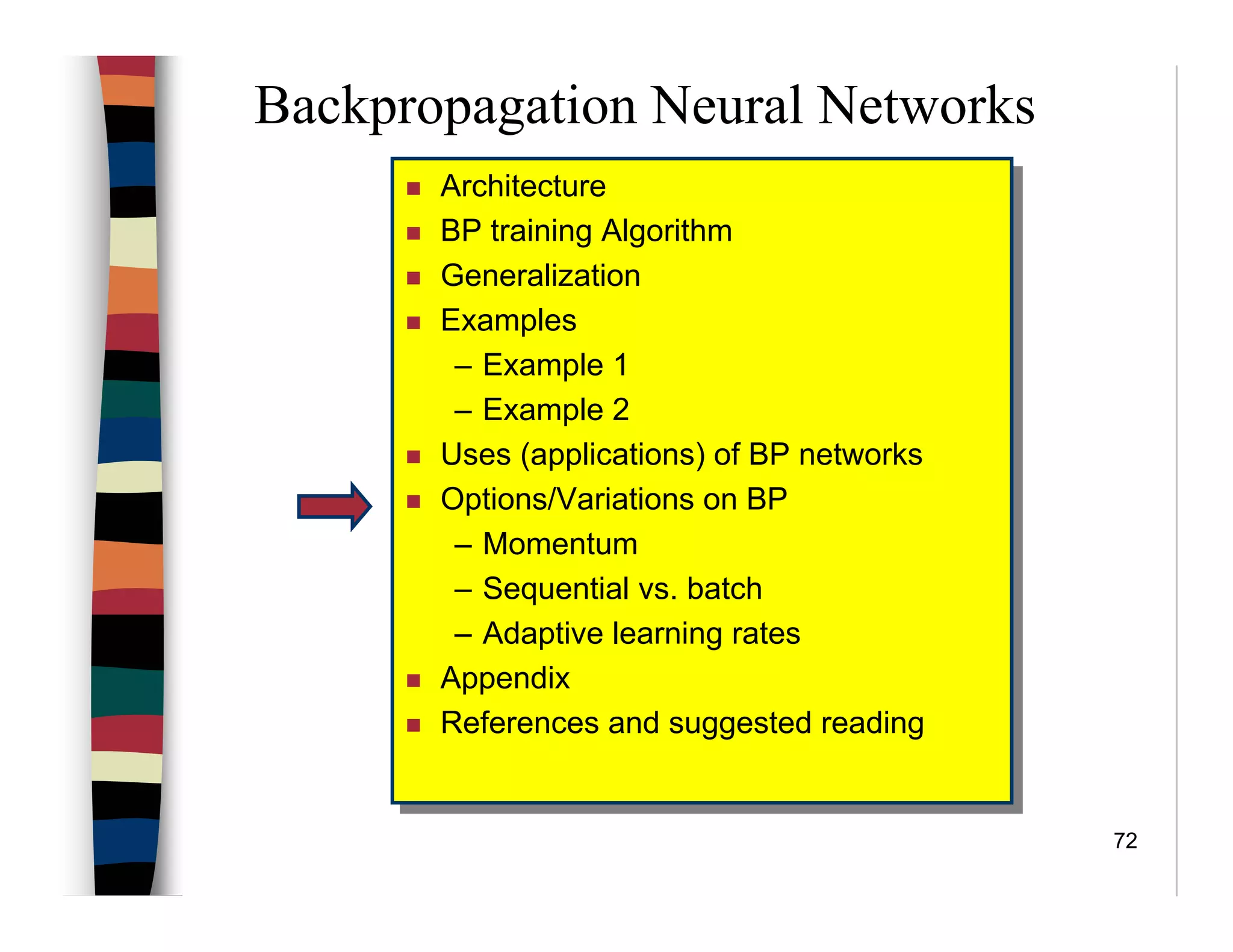 72
Backpropagation Neural Networks
Architecture
BP training Algorithm
Generalization
Examples
– Example 1
– Example 2
Uses (applications) of BP networks
Options/Variations on BP
– Momentum
– Sequential vs. batch
– Adaptive learning rates
Appendix
References and suggested reading
Architecture
BP training Algorithm
Generalization
Examples
– Example 1
– Example 2
Uses (applications) of BP networks
Options/Variations on BP
– Momentum
– Sequential vs. batch
– Adaptive learning rates
Appendix
References and suggested reading
 