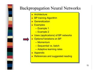 72
Backpropagation Neural Networks
Architecture
BP training Algorithm
Generalization
Examples
– Example 1
– Example 2
Uses (applications) of BP networks
Options/Variations on BP
– Momentum
– Sequential vs. batch
– Adaptive learning rates
Appendix
References and suggested reading
Architecture
BP training Algorithm
Generalization
Examples
– Example 1
– Example 2
Uses (applications) of BP networks
Options/Variations on BP
– Momentum
– Sequential vs. batch
– Adaptive learning rates
Appendix
References and suggested reading
 