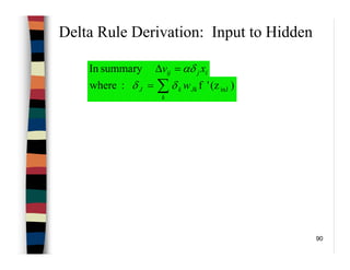90
Delta Rule Derivation: Input to Hidden
)(z'f:where inJ∑=
k
JkkJ wδδ
ijij xv αδ=∆summaryIn
 