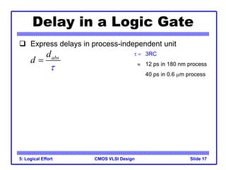 CMOS VLSI Design
5: Logical Effort Slide 17
Delay in a Logic Gate
 Express delays in process-independent unit
abs
d
d


  3RC
 12 ps in 180 nm process
40 ps in 0.6 mm process
 