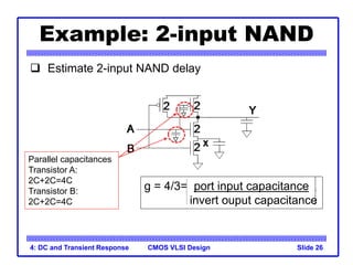 CMOS VLSI Design
4: DC and Transient Response Slide 26
Example: 2-input NAND
 Estimate 2-input NAND delay
Parallel capacitances
Transistor A:
2C+2C=4C
Transistor B:
2C+2C=4C
g = 4/3= port input capacitance
invert ouput capacitance
 