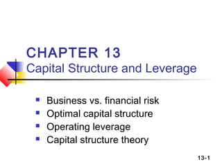 CHAPTER 13
Capital Structure and Leverage

    Business vs. financial risk
    Optimal capital structure
    Operating leverage
    Capital structure theory
                                   13-1
 