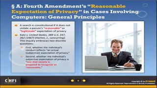Analytical Model
• This model is used to determine if a search and/or seizure has
occurred, and If it has occurred, was it reasonable (legal)
1) WHO conducted the search/seizure?
2) WHAT has been searched/seized?
3) Was there a SEARCH/SEIZURE?
4) If so, was it REASONABLE
 