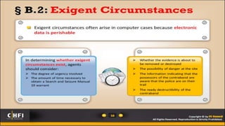 Exceptions to the
Warrant Requirement
1) Search Incident to a Lawful Arrest
extends to everything w/in arrestee’s immediate control
2) Stop and Frisk
can frisk outer layer of clothing with “articulable suspicion” of crime
3) Emergency Situations
Bomb threats, burning buildings, etc.
4) Hot Pursuit
Warrant not required for places police follow suspect into.
5) Items connected with crime in Plain View
If police had a right to be there in the first place
 