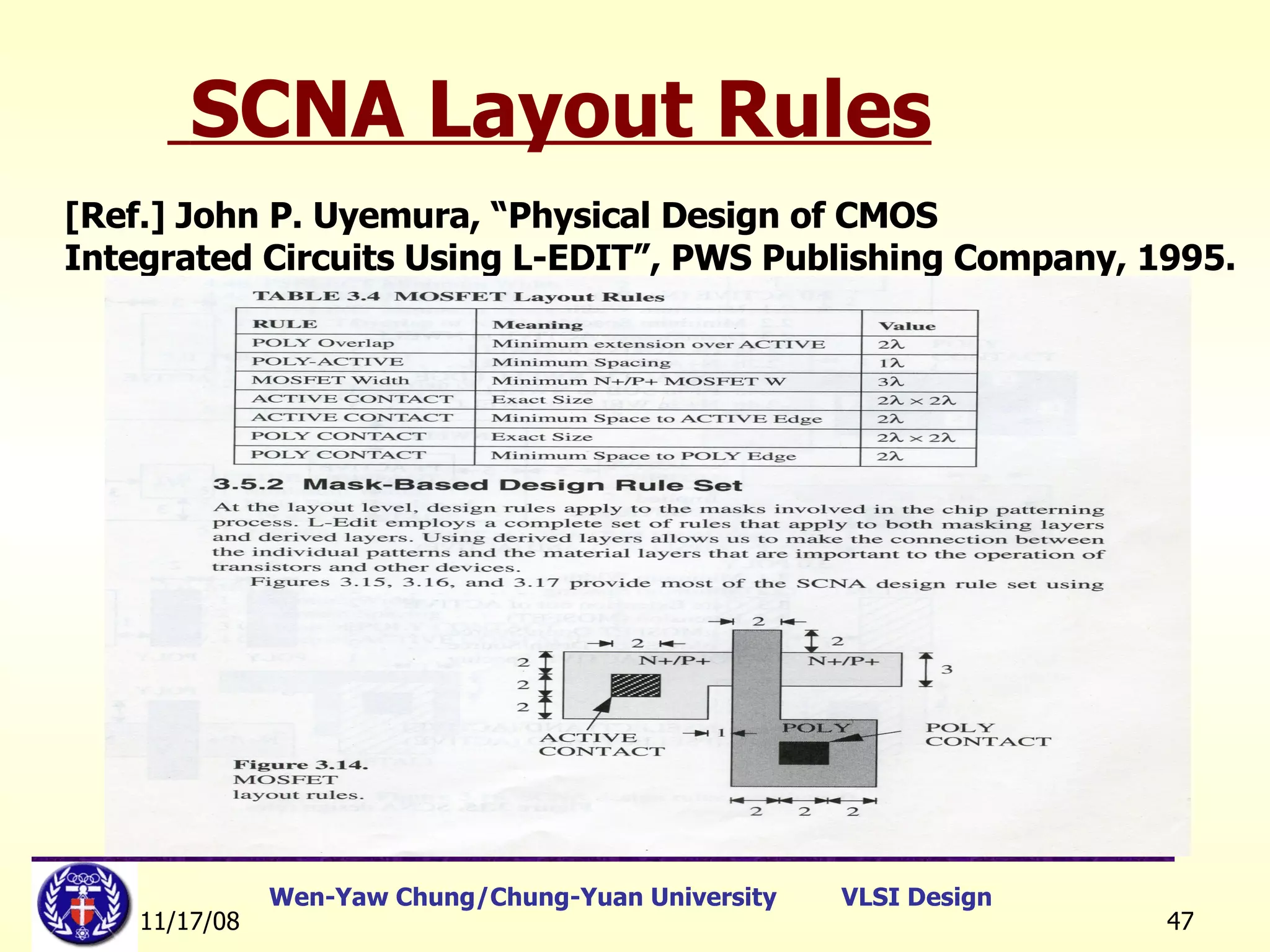 SCNA Layout Rules [Ref.] John P. Uyemura, “Physical Design of CMOS  Integrated Circuits Using L-EDIT”, PWS Publishing Company, 1995.   