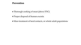 ♦ Thorough cooking of meat (above 570C)
♦ Proper disposal of human excreta
♦ Mass treatment of herd contacts, or whole adult populations
Prevention
 