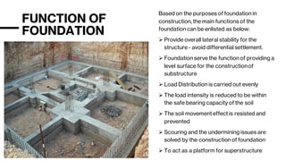 FUNCTION OF
FOUNDATION
Based on the purposes of foundation in
construction, the main functions of the
foundation can be enlisted as below:
➢ Provide overall lateral stability for the
structure - avoid differential settlement.
➢ Foundation serve the function of providing a
level surface for the constructionof
substructure
➢ Load Distribution is carried out evenly
➢ The load intensity is reduced to be within
the safe bearing capacity of the soil
➢ The soil movement effect is resisted and
prevented
➢ Scouring and the undermining issues are
solved by the construction of foundation
➢ To act as a platform for superstructure
 