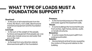 WHAT TYPE OF LOADS MUST A
FOUNDATION SUPPORT ?
Dead load:
- Is the sum of all material loads from the
frame, the floors, roof, walls, electrical and
mechanical equipment and the foundation
itself.
Live load:
- Is the sum of the weight of the people,
furniture and equipment that people use. Live
loads also include snow ice and water that
are on the roof.
Wind load:
- Is the load form any direction; lateral,
downwardand uplift of the foundation
Pressure:
• Is the horizontal pressure of the earth
and water against the basement walls.
Thrust:
• In some buildings the horizontal thrusts
from arches, rigid frames, domes, vaults
or tensile structures.
Buoyancy:
• In some cases the buoyant uplift from
underground water.
Seismic:
• Horizontal and vertical forces caused by
the motion of the ground relative to the
building.
 