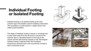 Individual Footing
or Isolated Footing
- Individual footing or an isolated footing is the most
common type of foundation used for building construction.
This foundation is constructed for a single column and
called a pad foundation.
- The shape of individual footing is square or rectangle and
is used when loads from the structure is carried by the
columns. Size is calculated based on the load on the
column and the safe bearing capacity of soil. Rectangular
isolated footing is selected when the foundation
experiences moments due to the eccentricity of loads or
due to horizontal forces.
 