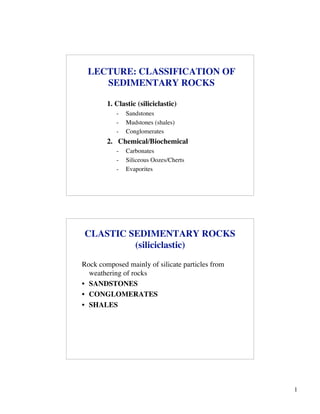 LECTURE: CLASSIFICATION OF
SEDIMENTARY ROCKS
1. Clastic (siliciclastic)
-

Sandstones
Mudstones (shales)
Conglomerates

2. Chemical/Biochemical
-

Carbonates
Siliceous Oozes/Cherts
Evaporites

CLASTIC SEDIMENTARY ROCKS
(siliciclastic)
Rock composed mainly of silicate particles from
weathering of rocks
• SANDSTONES
• CONGLOMERATES
• SHALES

1

 