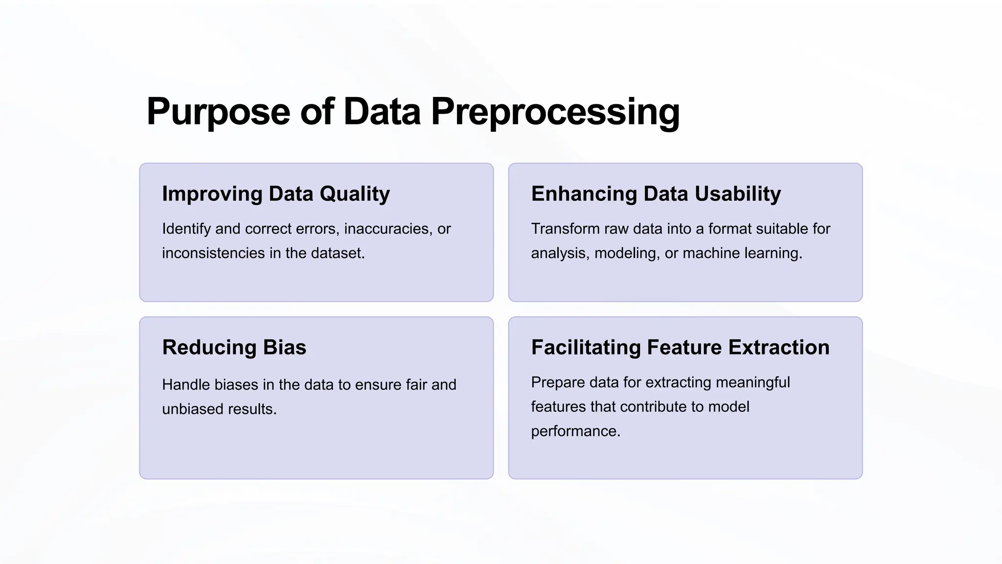 Purpose of Data Preprocessing
Improving Data Quality
Identify and correct errors, inaccuracies, or
inconsistencies in the dataset.
Enhancing Data Usability
Transform raw data into a format suitable for
analysis, modeling, or machine learning.
Reducing Bias
Handle biases in the data to ensure fair and
unbiased results.
Facilitating Feature Extraction
Prepare data for extracting meaningful
features that contribute to model
performance.
 