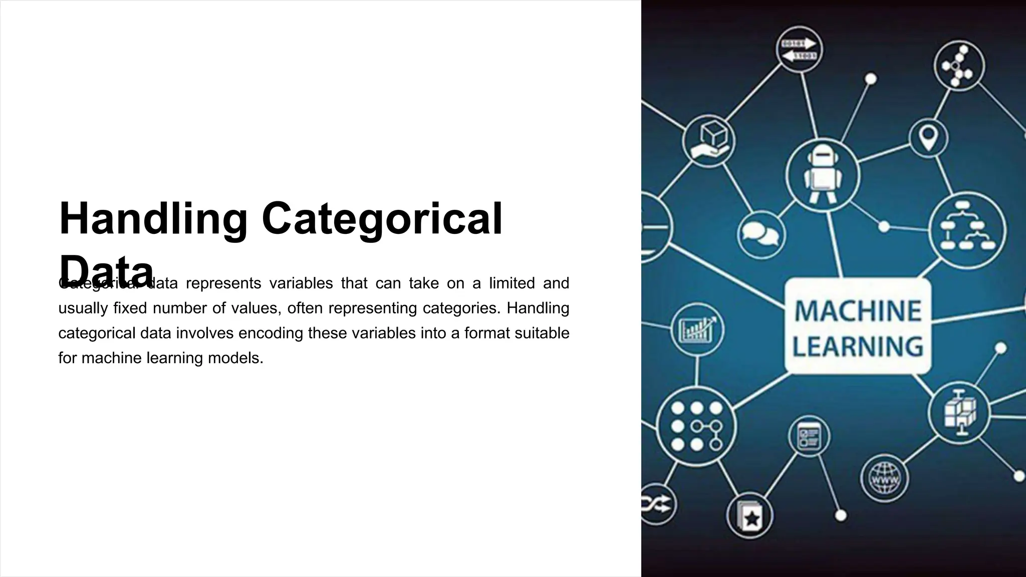 Handling Categorical
Data
Categorical data represents variables that can take on a limited and
usually fixed number of values, often representing categories. Handling
categorical data involves encoding these variables into a format suitable
for machine learning models.
 