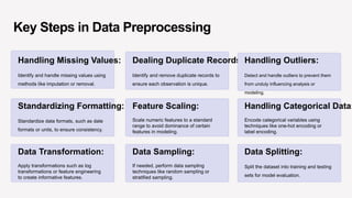 Key Steps in Data Preprocessing
Handling Missing Values:
Identify and handle missing values using
methods like imputation or removal.
Standardizing Formatting:
Standardize data formats, such as date
formats or units, to ensure consistency.
Data Transformation:
Apply transformations such as log
transformations or feature engineering
to create informative features.
Dealing Duplicate Records:
Identify and remove duplicate records to
ensure each observation is unique.
Feature Scaling:
Scale numeric features to a standard
range to avoid dominance of certain
features in modeling.
Data Sampling:
If needed, perform data sampling
techniques like random sampling or
stratified sampling.
Handling Outliers:
Detect and handle outliers to prevent them
from unduly influencing analysis or
modeling.
Handling Categorical Data:
Encode categorical variables using
techniques like one-hot encoding or
label encoding.
Data Splitting:
Split the dataset into training and testing
sets for model evaluation.
 