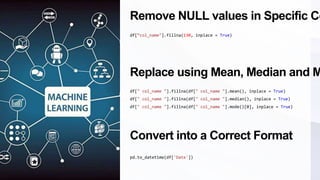 Remove NULL values in Specific Co
df[“col_name"].fillna(130, inplace = True)
Replace using Mean, Median and M
df[" col_name "].fillna(df[" col_name "].mean(), inplace = True)
df[" col_name "].fillna(df[" col_name "].median(), inplace = True)
df[" col_name "].fillna(df[" col_name "].mode()[0], inplace = True)
Convert into a Correct Format
pd.to_datetime(df['Date'])
 