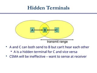  A and C can both send to B but can’t hear each other
 A is a hidden terminal for C and vice versa
 CSMA will be ineffective – want to sense at receiver
Hidden Terminals
A B C
transmit range
 