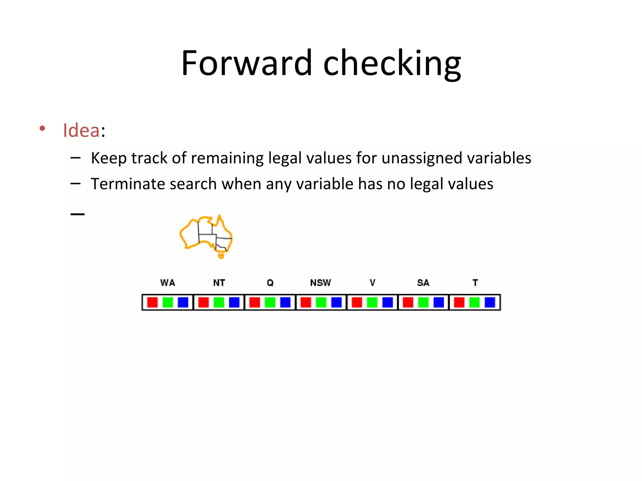 Forward checking Idea :  Keep track of remaining legal values for unassigned variables Terminate search when any variable has no legal values 