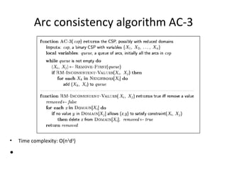Arc consistency algorithm AC-3 Time complexity: O(n 2 d 3 ) 