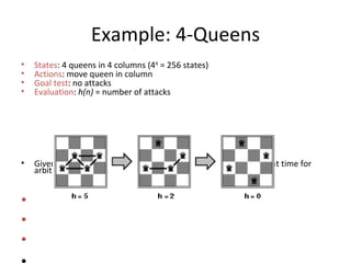 Example: 4-Queens States : 4 queens in 4 columns (4 4  = 256 states) Actions : move queen in column Goal test : no attacks Evaluation :  h(n)  = number of attacks Given random initial state, can solve  n -queens in almost constant time for arbitrary  n  with high probability (e.g.,  n  = 10,000,000) 