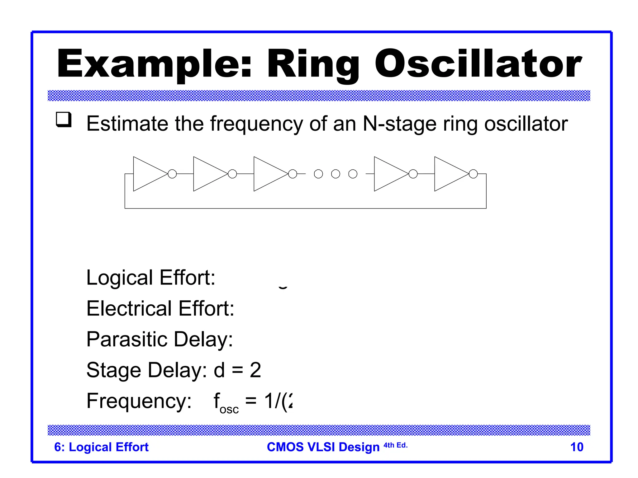 CMOS VLSI Design
CMOS VLSI Design 4th Ed.
6: Logical Effort 10
Example: Ring Oscillator
 Estimate the frequency of an N-stage ring oscillator
Logical Effort: g = 1
Electrical Effort: h = 1
Parasitic Delay: p = 1
Stage Delay: d = 2
Frequency: fosc = 1/(2*N*d) = 1/4N
31 stage ring oscillator in
0.6 m process has
frequency of ~ 200 MHz
 