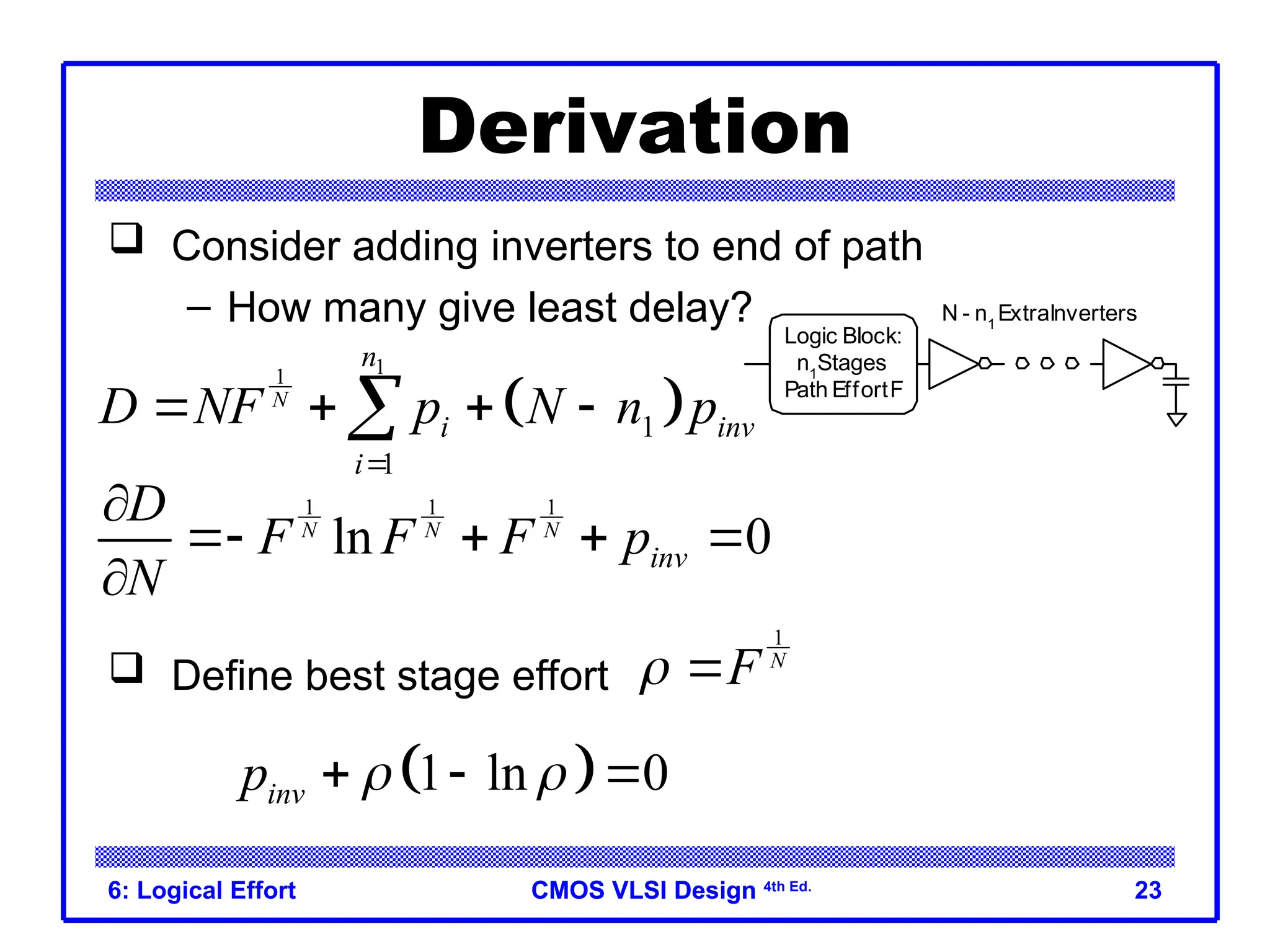 CMOS VLSI Design
CMOS VLSI Design 4th Ed.
6: Logical Effort 23
Derivation
 Consider adding inverters to end of path
– How many give least delay?
 Define best stage effort
N - n1
ExtraInverters
Logic Block:
n1
Stages
Path EffortF
 
1
1
1
1
N
n
i inv
i
D NF p N n p

   

1 1 1
ln 0
N N N
inv
D
F F F p
N

   

 
1 ln 0
inv
p  
  
1
N
F
 
 