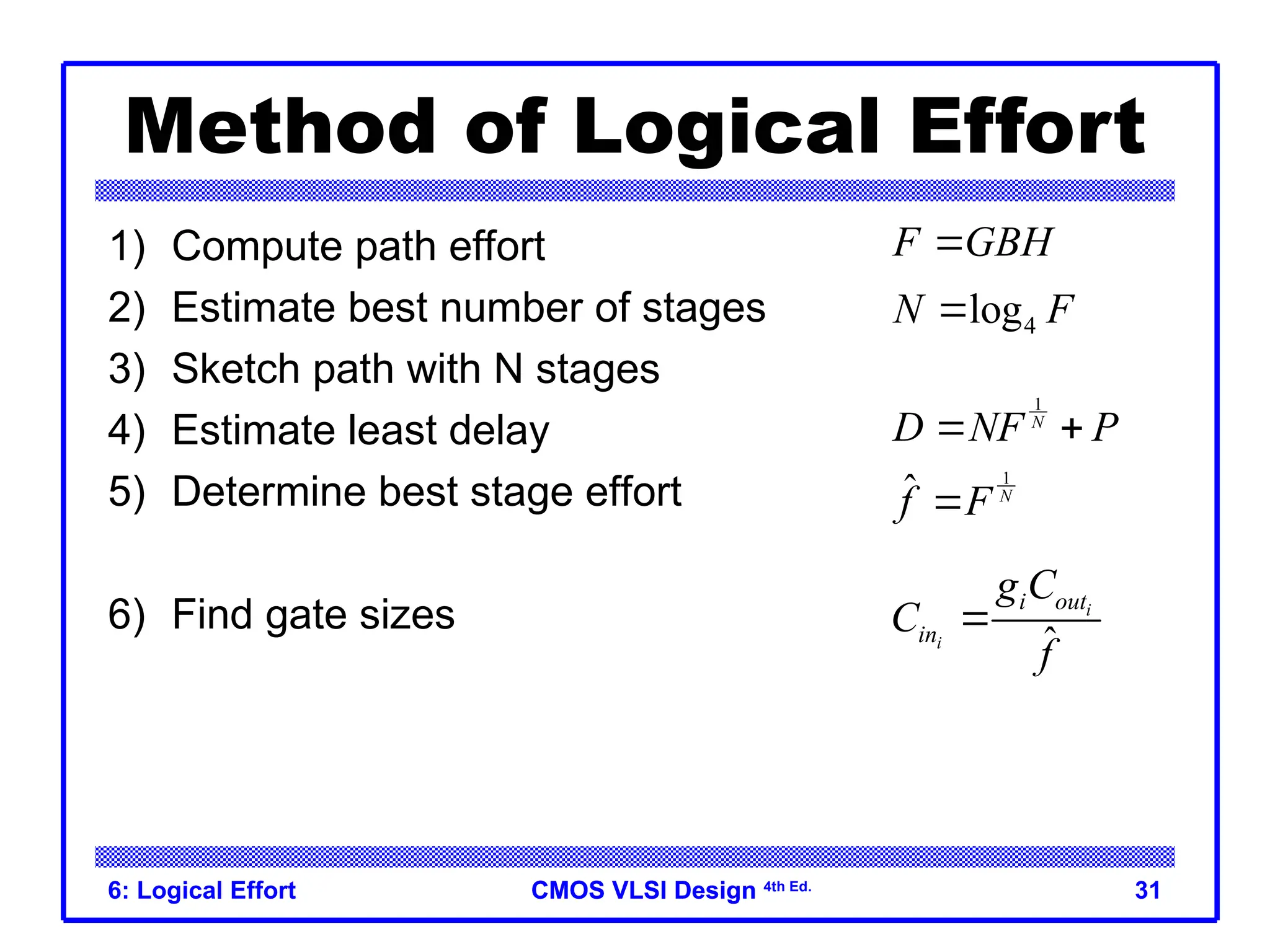 CMOS VLSI Design
CMOS VLSI Design 4th Ed.
6: Logical Effort 31
Method of Logical Effort
1) Compute path effort
2) Estimate best number of stages
3) Sketch path with N stages
4) Estimate least delay
5) Determine best stage effort
6) Find gate sizes
F GBH

4
log
N F

1
N
D NF P
 
1
ˆ N
f F

ˆ
i
i
i out
in
g C
C
f

 