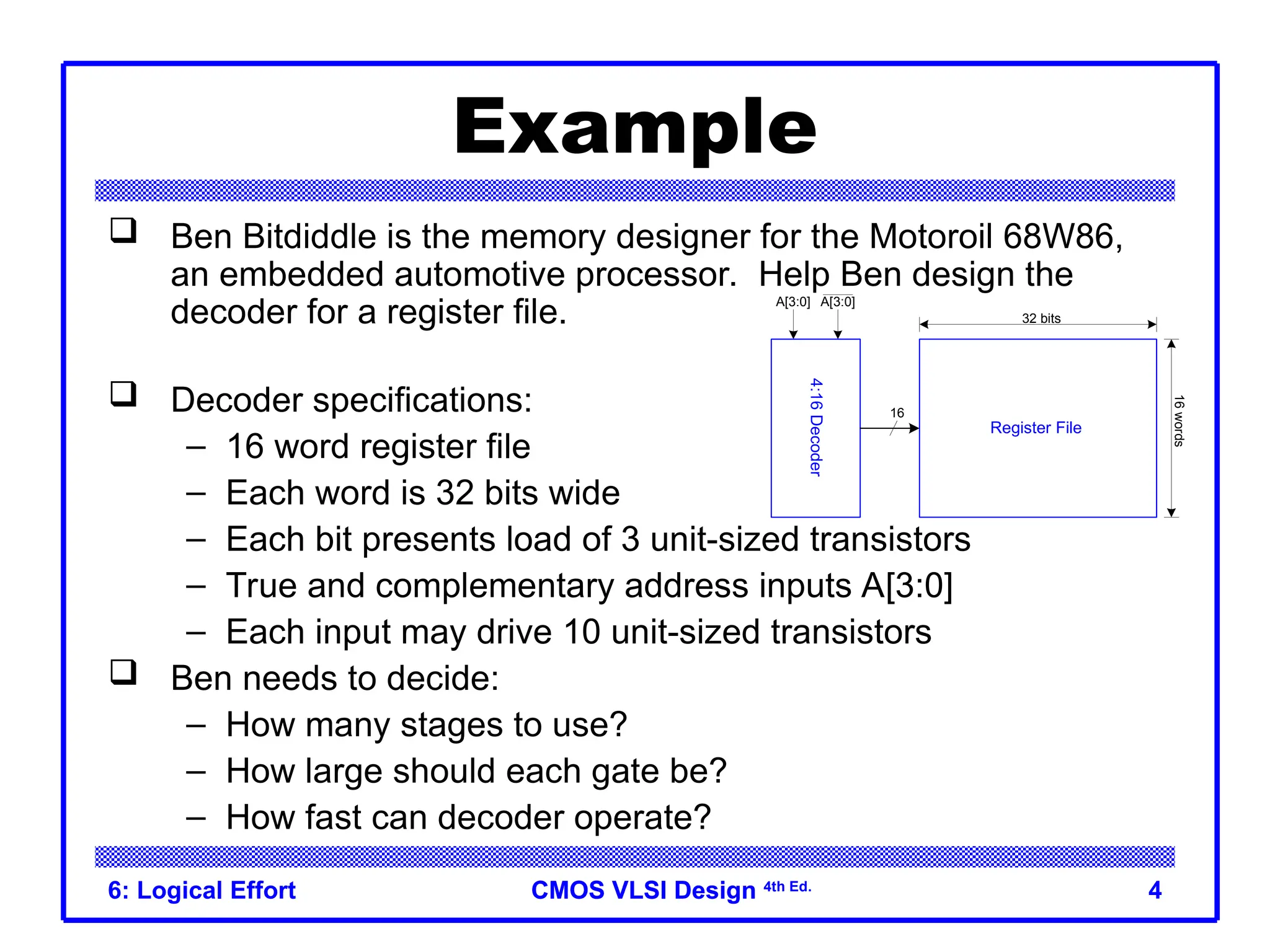 CMOS VLSI Design
CMOS VLSI Design 4th Ed.
6: Logical Effort 4
Example
 Ben Bitdiddle is the memory designer for the Motoroil 68W86,
an embedded automotive processor. Help Ben design the
decoder for a register file.
 Decoder specifications:
– 16 word register file
– Each word is 32 bits wide
– Each bit presents load of 3 unit-sized transistors
– True and complementary address inputs A[3:0]
– Each input may drive 10 unit-sized transistors
 Ben needs to decide:
– How many stages to use?
– How large should each gate be?
– How fast can decoder operate?
A[3:0] A[3:0]
16
32 bits
16
words
4:16
Decoder
Register File
 