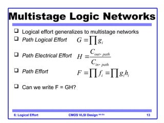 CMOS VLSI Design
CMOS VLSI Design 4th Ed.
6: Logical Effort 13
Multistage Logic Networks
 Logical effort generalizes to multistage networks
 Path Logical Effort
 Path Electrical Effort
 Path Effort
 Can we write F = GH?
i
G g

out path
in path
C
H
C



i i i
F f g h
 
 
 
