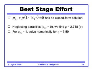CMOS VLSI Design
CMOS VLSI Design 4th Ed.
6: Logical Effort 24
Best Stage Effort
 has no closed-form solution
 Neglecting parasitics (pinv = 0), we find  = 2.718 (e)
 For pinv = 1, solve numerically for  = 3.59
 
1 ln 0
inv
p  
  
 