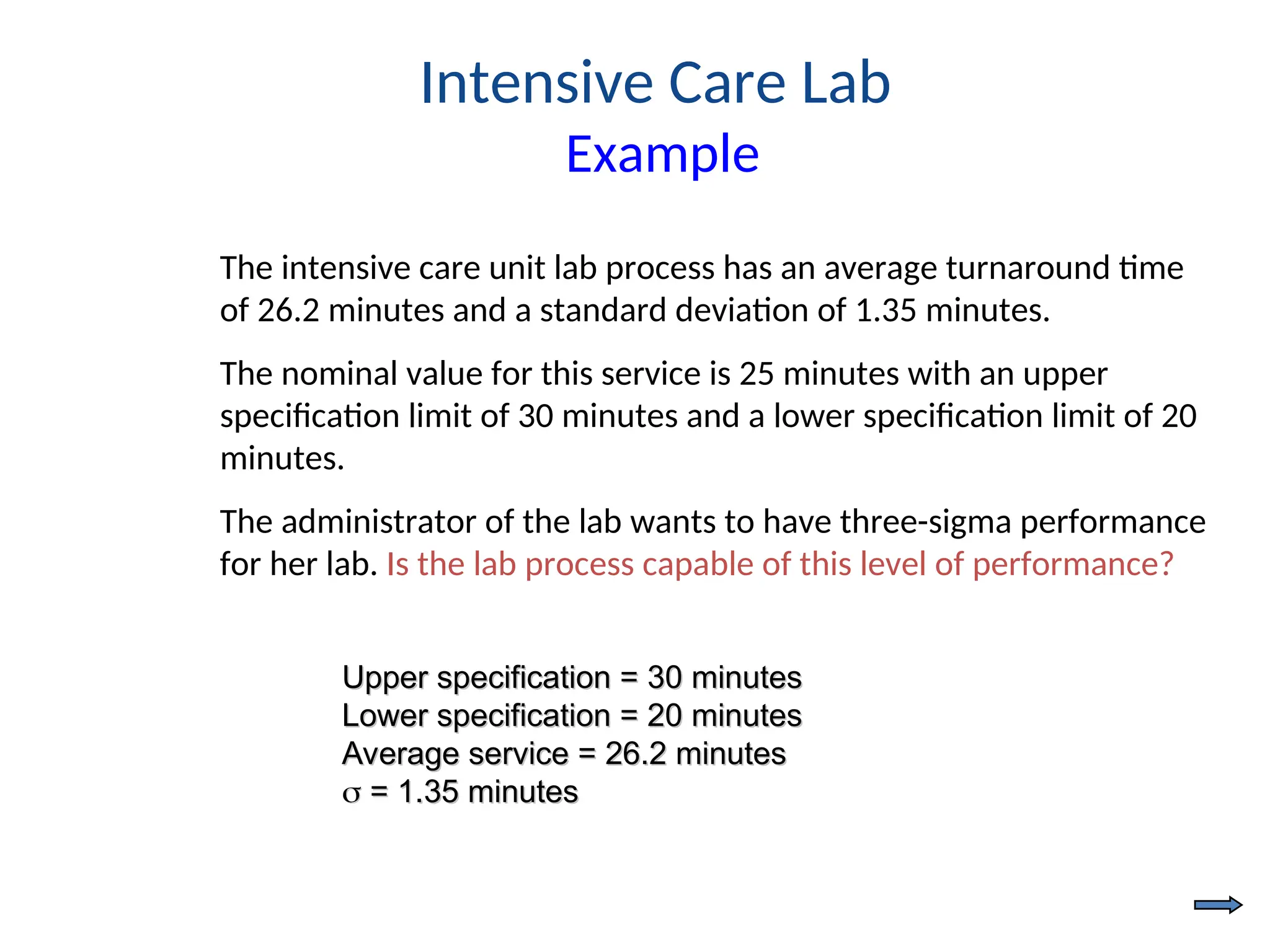 Intensive Care Lab
Example
Upper specification = 30 minutes
Upper specification = 30 minutes
Lower specification = 20 minutes
Lower specification = 20 minutes
Average service = 26.2 minutes
Average service = 26.2 minutes

 = 1.35 minutes
= 1.35 minutes
The intensive care unit lab process has an average turnaround time
of 26.2 minutes and a standard deviation of 1.35 minutes.
The nominal value for this service is 25 minutes with an upper
specification limit of 30 minutes and a lower specification limit of 20
minutes.
The administrator of the lab wants to have three-sigma performance
for her lab. Is the lab process capable of this level of performance?
 