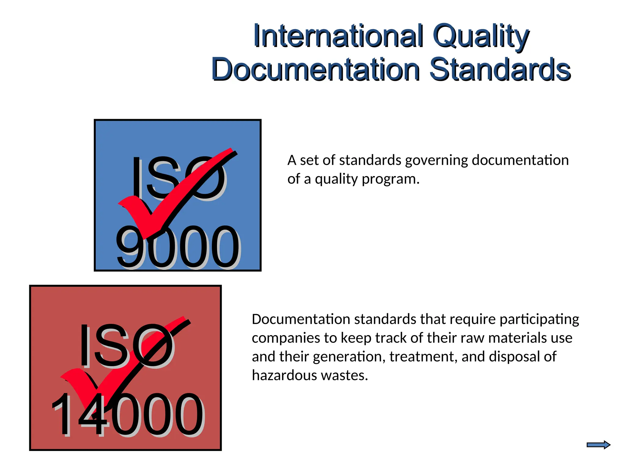International Quality
International Quality
Documentation Standards
Documentation Standards
ISO
ISO
9000
9000
A set of standards governing documentation
of a quality program.
ISO
ISO
14000
14000
Documentation standards that require participating
companies to keep track of their raw materials use
and their generation, treatment, and disposal of
hazardous wastes.
 