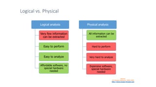 Logical vs. Physical
Physical analysis
All information can be
extracted
Hard to perform
Very hard to analyze
Expensive software,
special hardware
needed
Logical analysis
Very few information
can be extracted
Easy to perform
Easy to analyze
Affordable software, no
special hardware
needed
Source:
(C) Oxygen Software, 2000-2009
http://www.oxygen-forensic.com
 