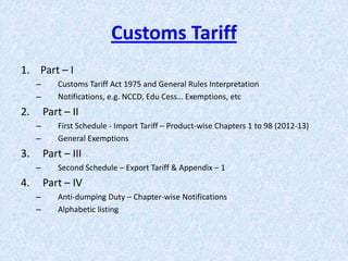 Customs Tariff
1. Part – I
–
–

2.

Customs Tariff Act 1975 and General Rules Interpretation
Notifications, e.g. NCCD, Edu Cess… Exemptions, etc

Part – II
–
–

3.

First Schedule - Import Tariff – Product-wise Chapters 1 to 98 (2012-13)
General Exemptions

Part – III
–

4.

Second Schedule – Export Tariff & Appendix – 1

Part – IV
–
–

Anti-dumping Duty – Chapter-wise Notifications
Alphabetic listing

 