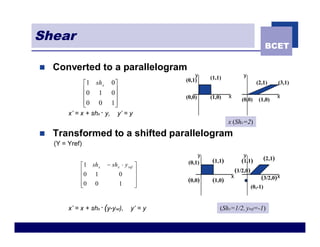 Shear
                                                                                    BCET

n   Converted to a parallelogram
                                                  y    (1,1)           y
                                              (0,1)
               é1 sh x 0ù                                                      (2,1)        (3,1)
               ê0 1 0 ú
               ê           ú                  (0,0)    (1,0)   x
                                                                       (0,0)    (1,0)
                                                                                            x
               ê0 0 1 ú
               ë           û
         x’ = x + shx · y, y’ = y
                                                               x (Shx=2)
n   Transformed to a shifted parallelogram
    (Y = Yref)
                                                   y                   y
                                                       (1,1)           (1,1)        (2,1)
                         - sh x × y ref ù      (0,1)
              é1 sh x
              ê0 1                      ú                           (1/2,0)
              ê                0        ú                       x
                                              (0,0)    (1,0)                     (3/2,0) x
              ê0 0
              ë                1        ú
                                        û                                  (0,-1)


         x’ = x + shx · (y-yref),    y’ = y                (Shx=1/2, yref=-1)
 