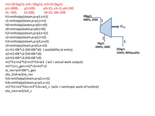 m1=30 [kg/s]; m2= 5[kg/s]; m3=25 [kg/s]
p1=3000; p2=500; p3=15; x3=.9; p0=100
t1= 350; t2=200; t0=25; t0k=298
h1=enthalpy(steam,p=p1,t=t1)
s1=entropy(steam,p=p1,t=t1)
h0=enthalpy(water,p=p0,t=t0)
s0=entropy(water,p=p0,t=t0)
h2=enthalpy(steam,p=p2,t=t2)
s2=entropy(steam,p=p2,t=t2)
h3=enthalpy(steam,p=p3,x=x3)
s3=entropy(steam,p=p3,x=x3)
a1=h1-t0k*s1-(h0-t0k*s0) { availability at entry}
a2=h2-t0k*s2-(h0-t0k*s0)
a3=h3-t0k*s3-(h0-t0k*s0)
m1*h1=m2*h2+m3*h3+w3 { w3 = actual work output}
m1*s1+s_gen=m2*s2+m3*s3
w_rev=w3+t0k*s_gen
eta_2nd=w3/w_rev
h2s=enthalpy(steam,p=p2,s=s1)
h3s=enthalpy(steam,p=p3,s=s1)
m1*h1=m2*h2s+m3*h3s+w3_s {w3s = isentropic work of turbine}
eta_isen=w3/w3_s
30kg/s
3MPa, 350C
5kg/s
.5MPa, 200C
25kg/s
15kPa, 90%quality
1
2
3
𝑤cv
 