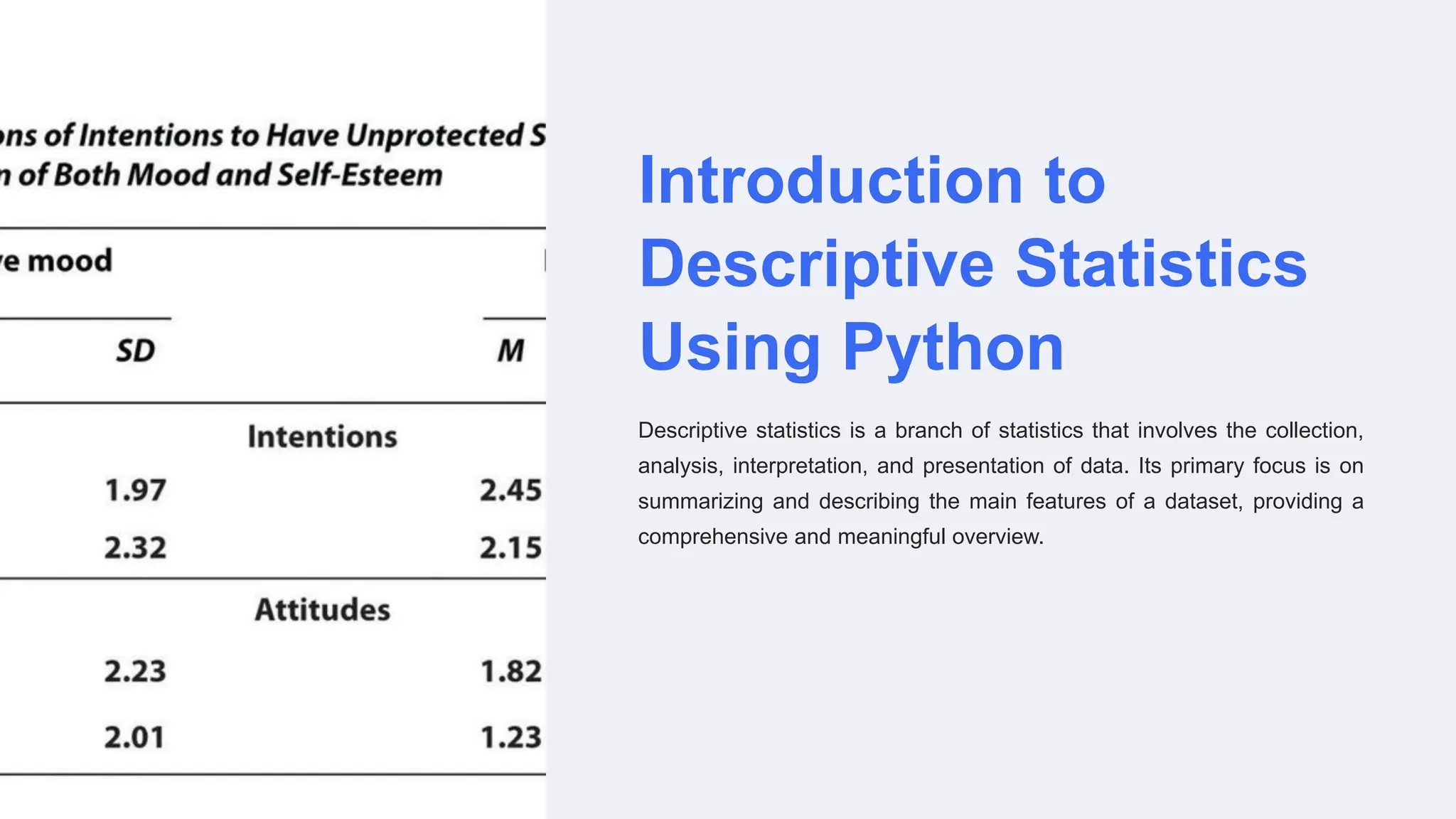 Introduction to
Descriptive Statistics
Using Python
Descriptive statistics is a branch of statistics that involves the collection,
analysis, interpretation, and presentation of data. Its primary focus is on
summarizing and describing the main features of a dataset, providing a
comprehensive and meaningful overview.
 