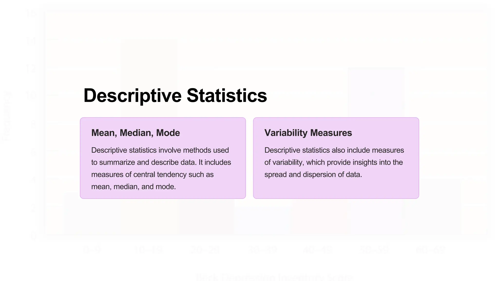 Descriptive Statistics
Mean, Median, Mode
Descriptive statistics involve methods used
to summarize and describe data. It includes
measures of central tendency such as
mean, median, and mode.
Variability Measures
Descriptive statistics also include measures
of variability, which provide insights into the
spread and dispersion of data.
 