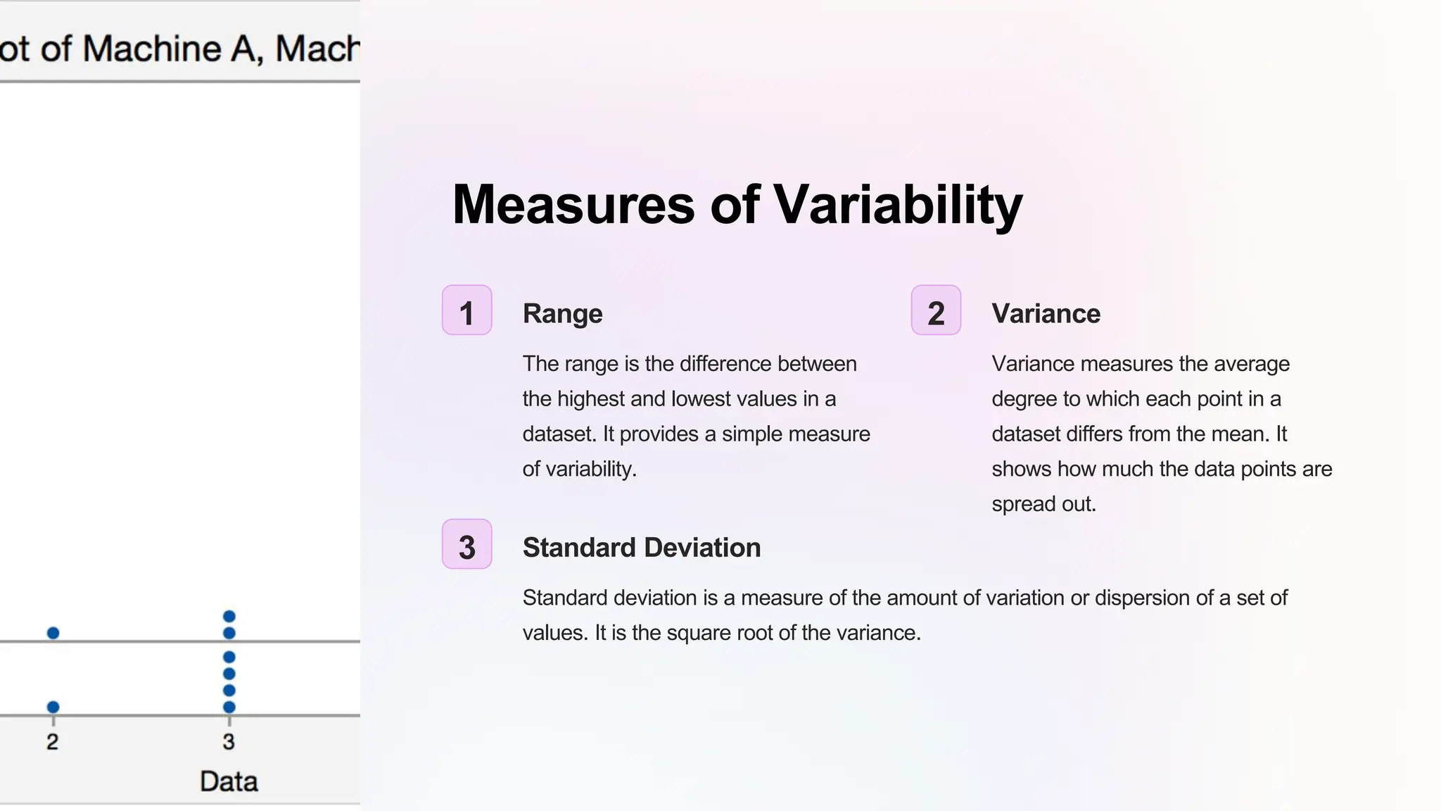 Measures of Variability
1 Range
The range is the difference between
the highest and lowest values in a
dataset. It provides a simple measure
of variability.
2 Variance
Variance measures the average
degree to which each point in a
dataset differs from the mean. It
shows how much the data points are
spread out.
3 Standard Deviation
Standard deviation is a measure of the amount of variation or dispersion of a set of
values. It is the square root of the variance.
 