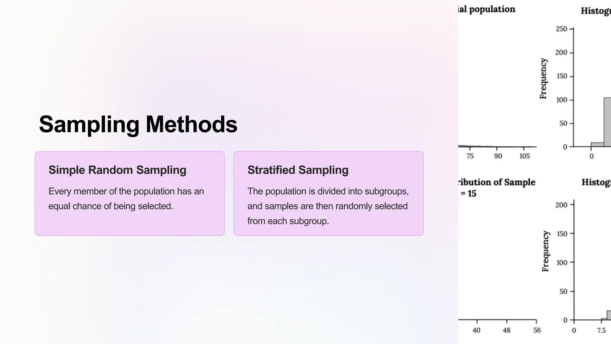 Sampling Methods
Simple Random Sampling
Every member of the population has an
equal chance of being selected.
Stratified Sampling
The population is divided into subgroups,
and samples are then randomly selected
from each subgroup.
 
