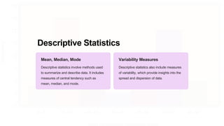 Descriptive Statistics
Mean, Median, Mode
Descriptive statistics involve methods used
to summarize and describe data. It includes
measures of central tendency such as
mean, median, and mode.
Variability Measures
Descriptive statistics also include measures
of variability, which provide insights into the
spread and dispersion of data.
 