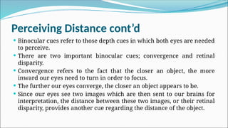 Perceiving Distance cont’d
 Binocular cues refer to those depth cues in which both eyes are needed
to perceive.
 There are two important binocular cues; convergence and retinal
disparity.
 Convergence refers to the fact that the closer an object, the more
inward our eyes need to turn in order to focus.
 The further our eyes converge, the closer an object appears to be.
 Since our eyes see two images which are then sent to our brains for
interpretation, the distance between these two images, or their retinal
disparity, provides another cue regarding the distance of the object.
 