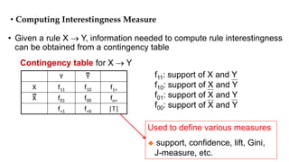 • Given a rule X  Y, information needed to compute rule interestingness
can be obtained from a contingency table
Y Y
X f11 f10 f1+
X f01 f00 fo+
f+1 f+0 |T|
Contingency table for X  Y
f11: support of X and Y
f10: support of X and Y
f01: support of X and Y
f00: support of X and Y
Used to define various measures
 support, confidence, lift, Gini,
J-measure, etc.
• Computing Interestingness Measure
 