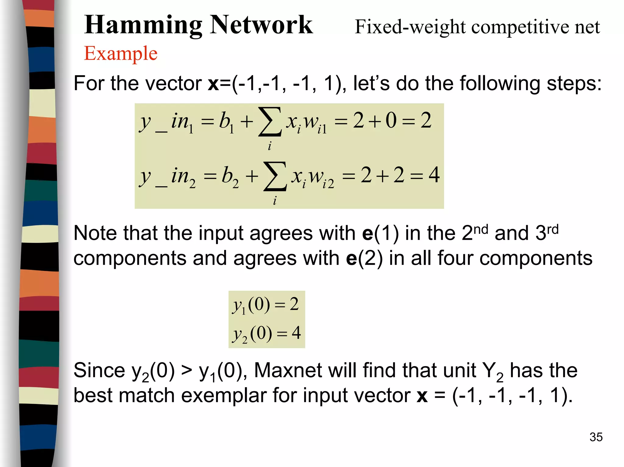 35
Hamming Network Fixed-weight competitive net
Example
For the vector x=(-1,-1, -1, 1), let’s do the following steps:
Note that the input agrees with e(1) in the 2nd and 3rd
components and agrees with e(2) in all four components
Since y2(0) > y1(0), Maxnet will find that unit Y2 has the
best match exemplar for input vector x = (-1, -1, -1, 1).
422_
202_
222
111
=+=+=
=+=+=
∑
∑
i
ii
i
ii
wxbiny
wxbiny
4)0(
2)0(
2
1
=
=
y
y
 