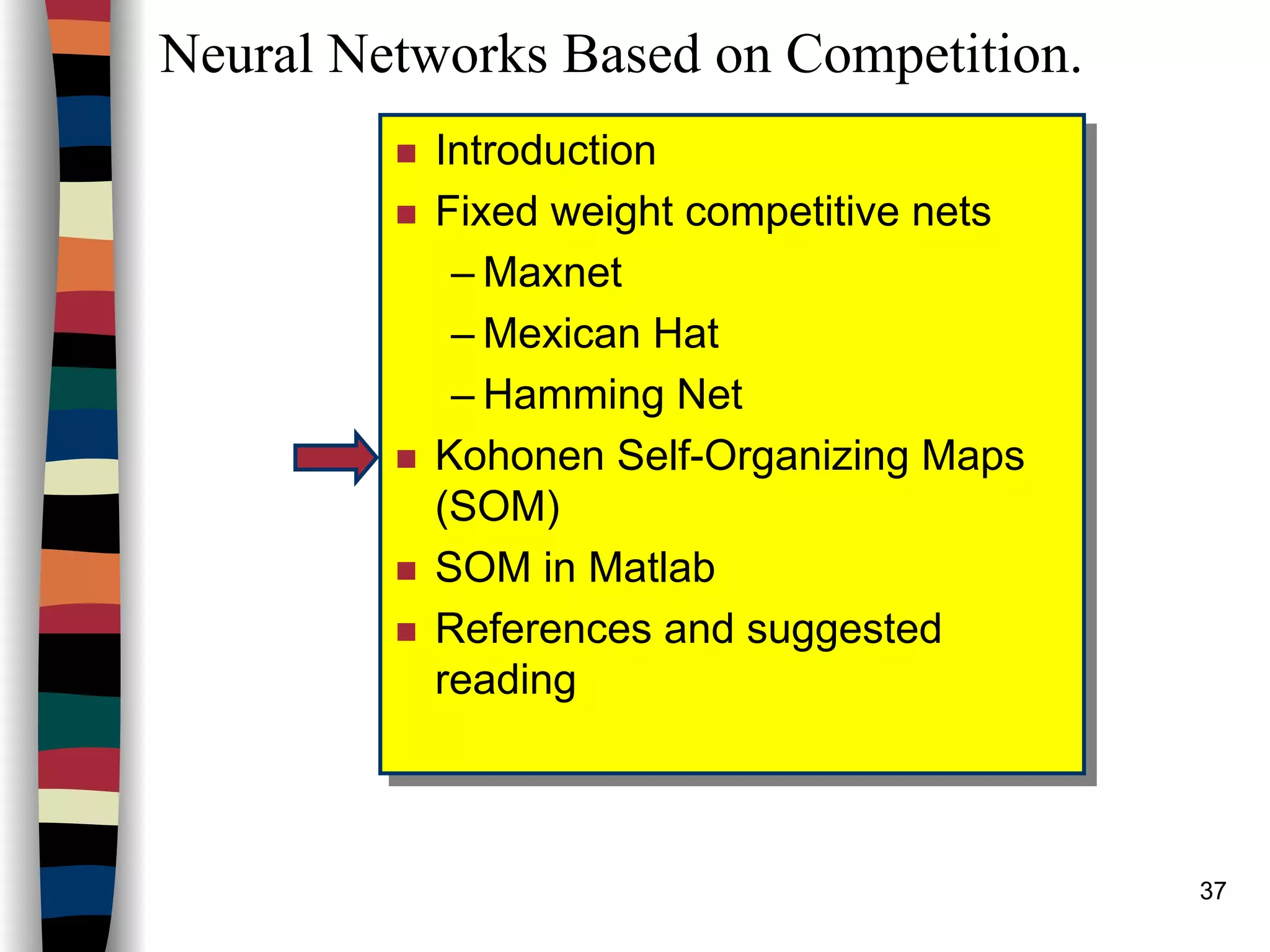 37
Neural Networks Based on Competition.
Introduction
Fixed weight competitive nets
– Maxnet
– Mexican Hat
– Hamming Net
Kohonen Self-Organizing Maps
(SOM)
SOM in Matlab
References and suggested
reading
Introduction
Fixed weight competitive nets
– Maxnet
– Mexican Hat
– Hamming Net
Kohonen Self-Organizing Maps
(SOM)
SOM in Matlab
References and suggested
reading
 