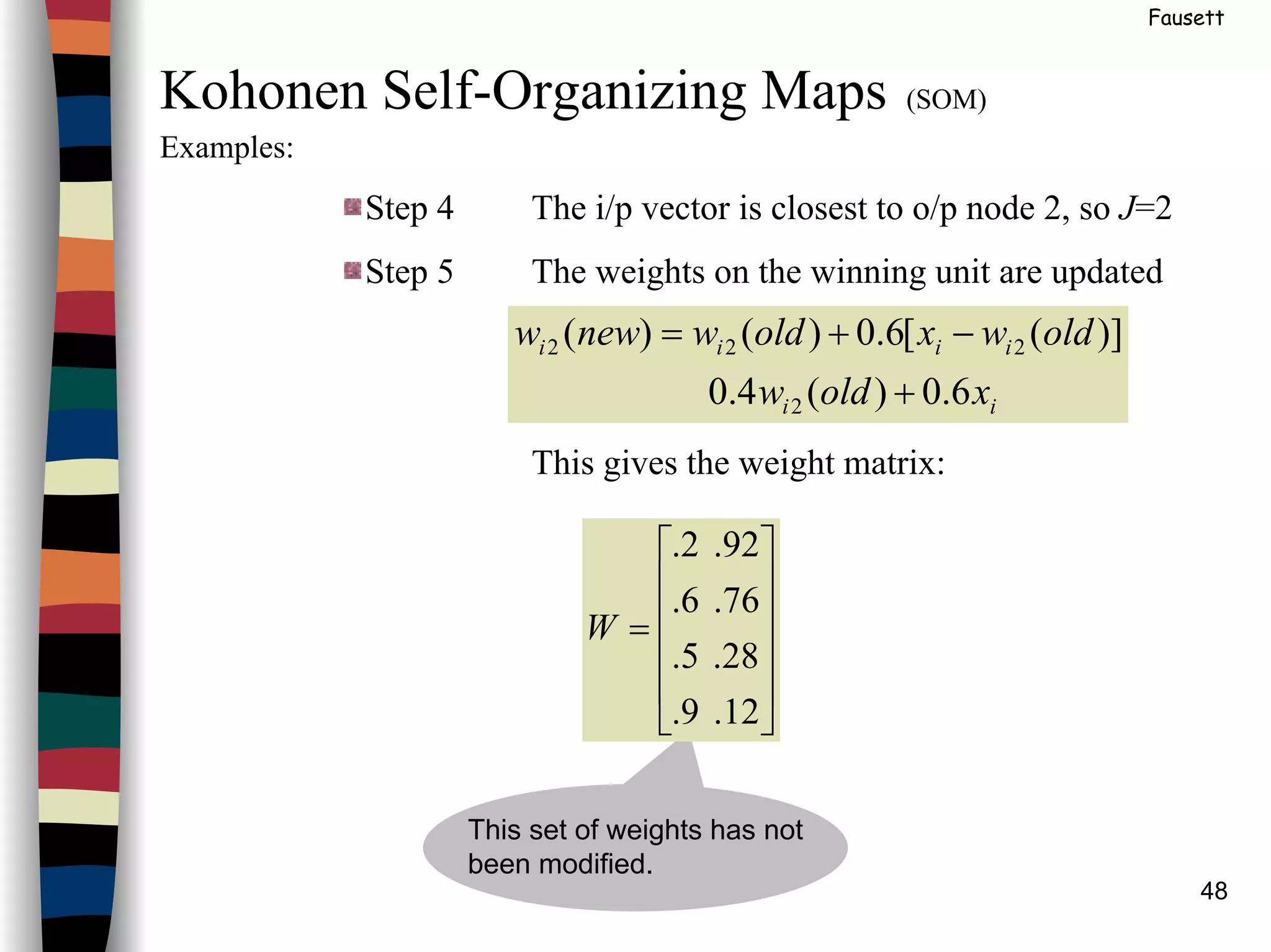 48
Fausett
Kohonen Self-Organizing Maps (SOM)
Examples:
Step 4 The i/p vector is closest to o/p node 2, so J=2
Step 5 The weights on the winning unit are updated
This gives the weight matrix:
ii
iiii
xoldw
oldwxoldwneww
6.0)(4.0
)]([6.0)()(
2
222
+
−+=
This set of weights has not
been modified.












=
12.9.
28.5.
76.6.
92.2.
W
 