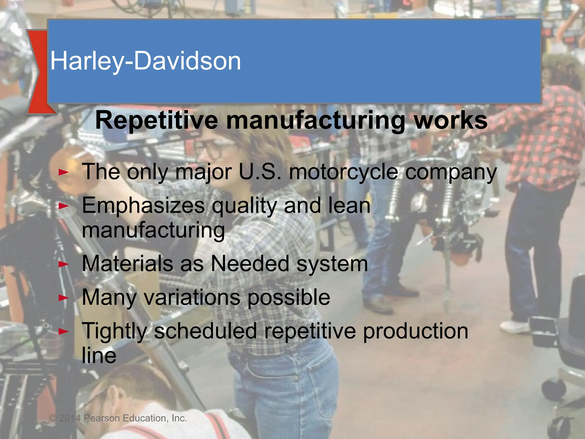 BITS Pilani, Pilani Campus
Harley-Davidson
Repetitive manufacturing works
► The only major U.S. motorcycle company
► Emphasizes quality and lean
manufacturing
► Materials as Needed system
► Many variations possible
► Tightly scheduled repetitive production
line
© 2014 Pearson Education, Inc.
 