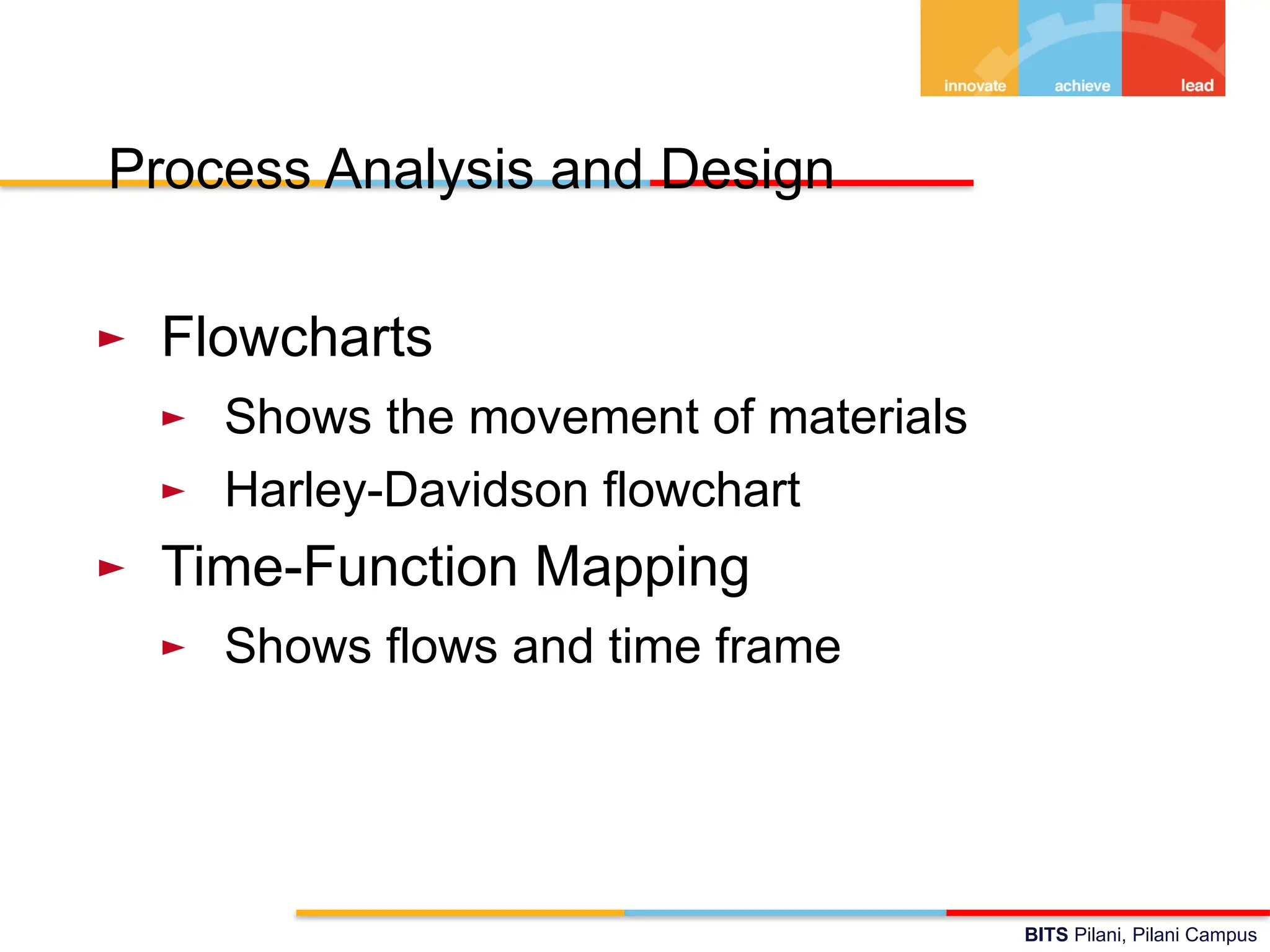 BITS Pilani, Pilani Campus
Process Analysis and Design
► Flowcharts
► Shows the movement of materials
► Harley-Davidson flowchart
► Time-Function Mapping
► Shows flows and time frame
 