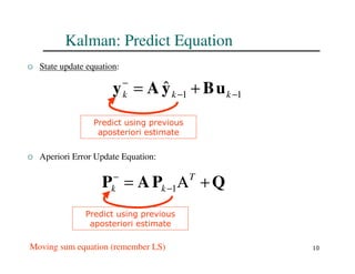 10
Kalman: Predict Equation
 State update equation:
 Aperiori Error Update Equation:
Moving sum equation (remember LS)
1
1
ˆ −
−
−
+
= k
k
k u
B
y
A
y
Q
P
A
P +
Α
= −
− T
k
k 1
Predict using previous
aposteriori estimate
Predict using previous
aposteriori estimate
 