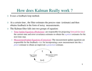 9
How does Kalman Really work ?
 It uses a feedback loop method.
 At a certain time , the filter estimates the process state (estimate) and then
obtains feedback in the form of noisy measurements.
 The Kalman filter falls into two groups of equation:
 Time Update Equations (Prediction): are responsible for projecting forward (in time)
the current state and error covariance estimates to obtain the a priori estimates for the
next time step.
 MeasurementUpdate Equations (Correction): The measurement update equations are
responsible for the feedback—i.e. for incorporating a new measurement into the a
priori estimate to obtain an improved a posteriori estimate.
t
t+1
 
